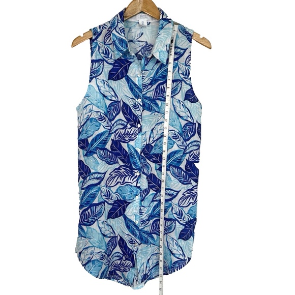 Sigrid Olsen Sleeveless Linen Tunic Top Short Dress ~Small~ Blue Leaves Tropical - Picture 8 of 13